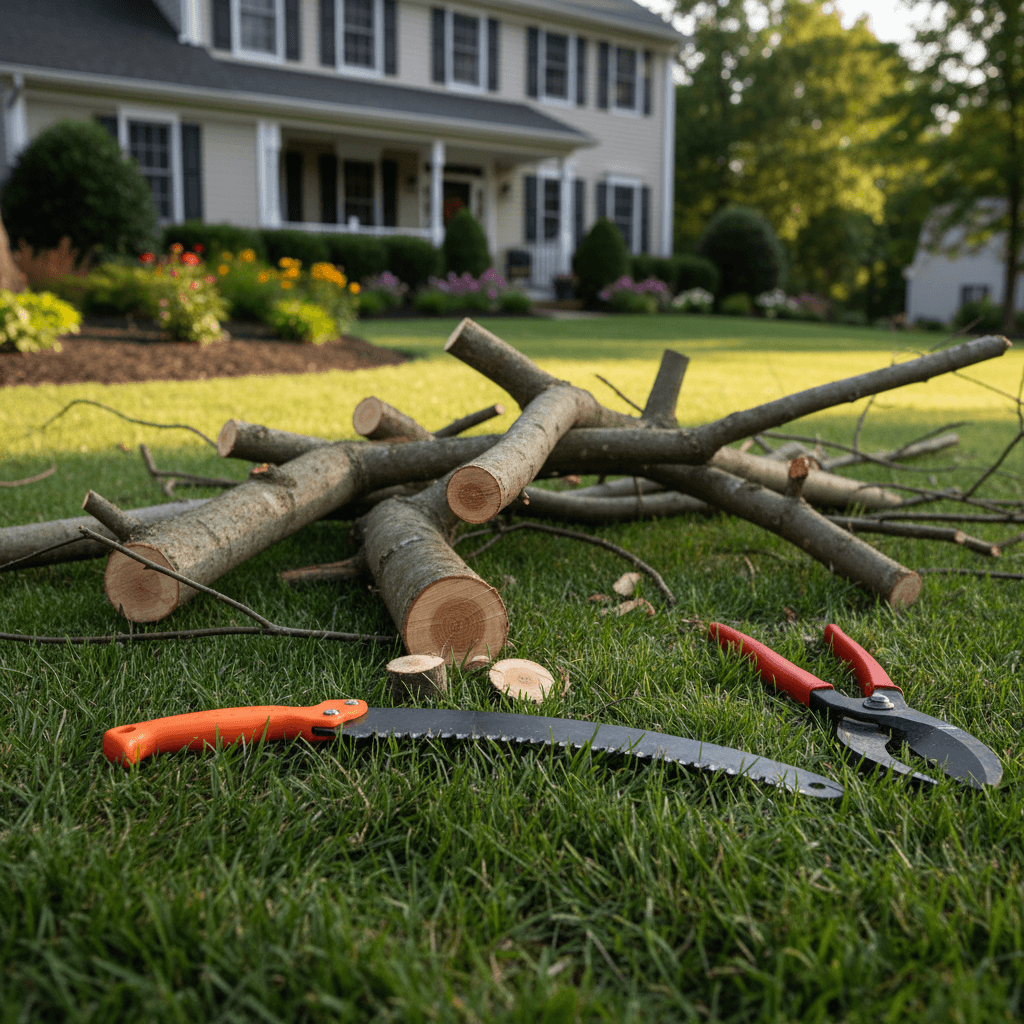 Gas chainsaw in a backyard