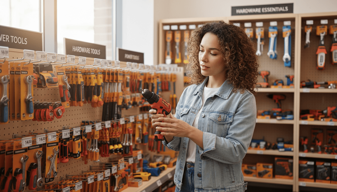 Aisles of tools and home goods on shelves inside a retail store