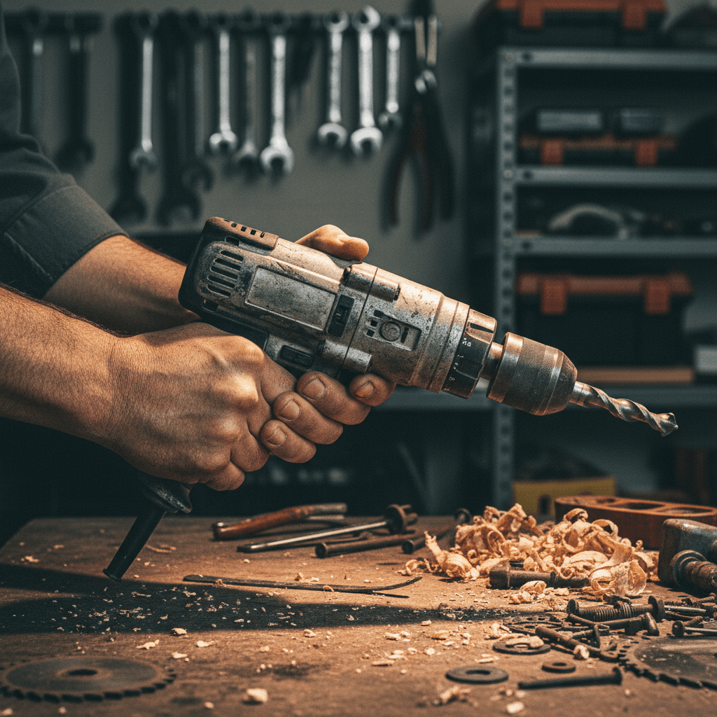 Close-up of a power drill and hand tools on a workbench